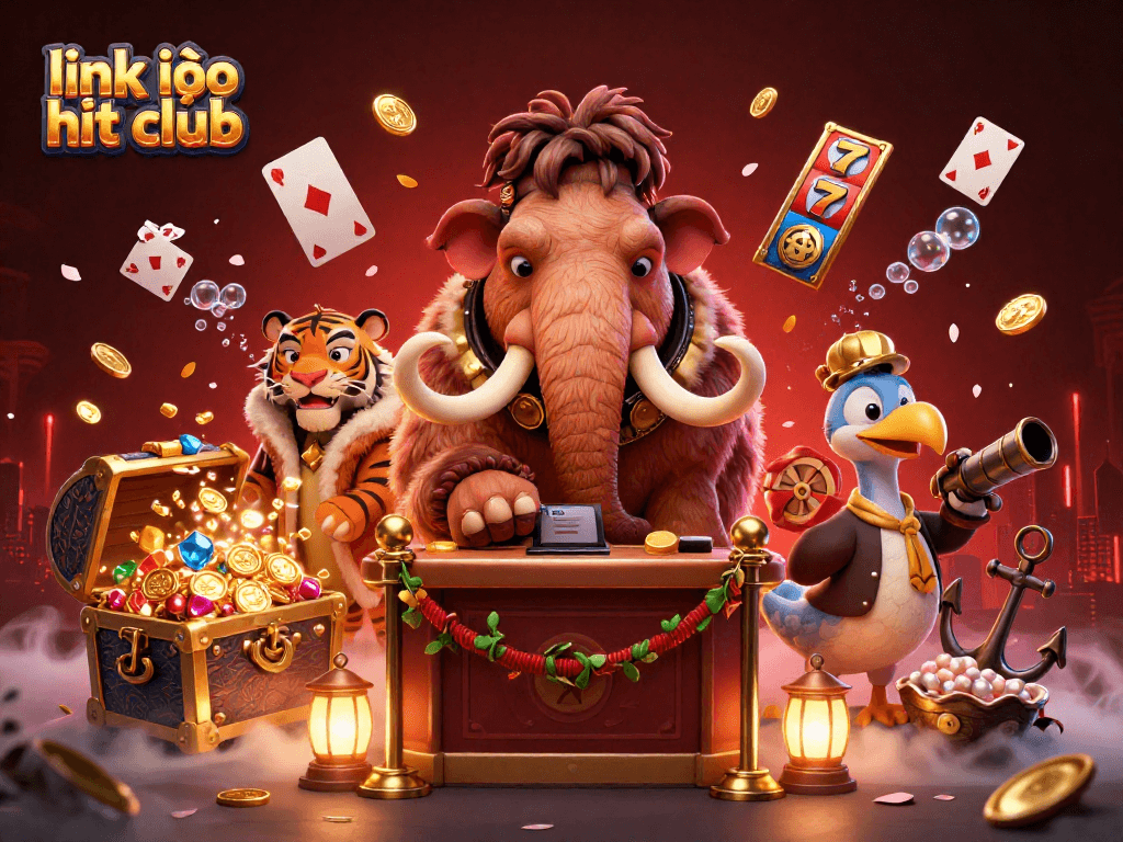 Experience excitement with "link vào hit club" as a cartoon woolly mammoth checks IDs at a vibrant casino entrance.