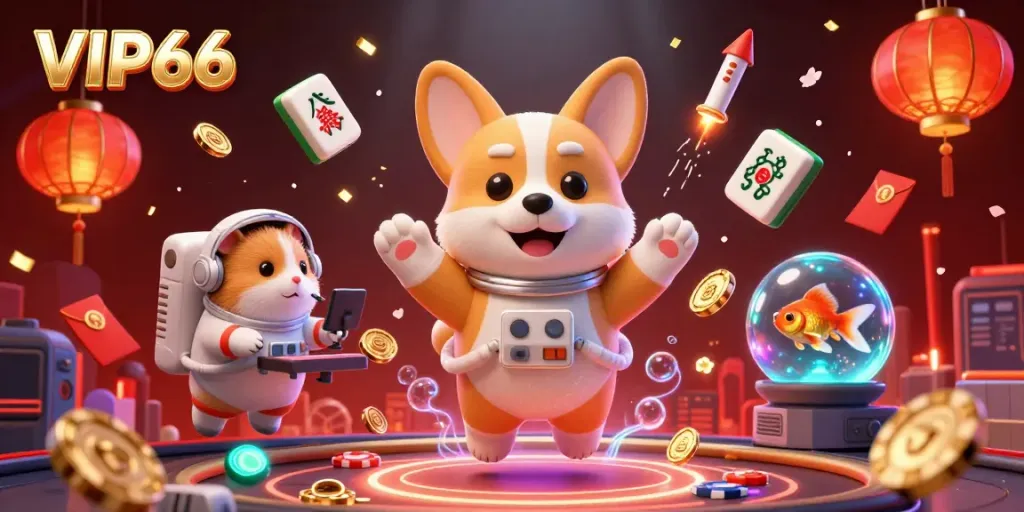 Experience exciting gameplay at VIP66 with corgi astronauts and festive decorations.