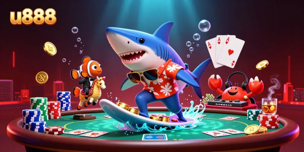 Experience thrilling gameplay at u888 with a shark surfacing on gold coins amidst a vibrant casino scene.