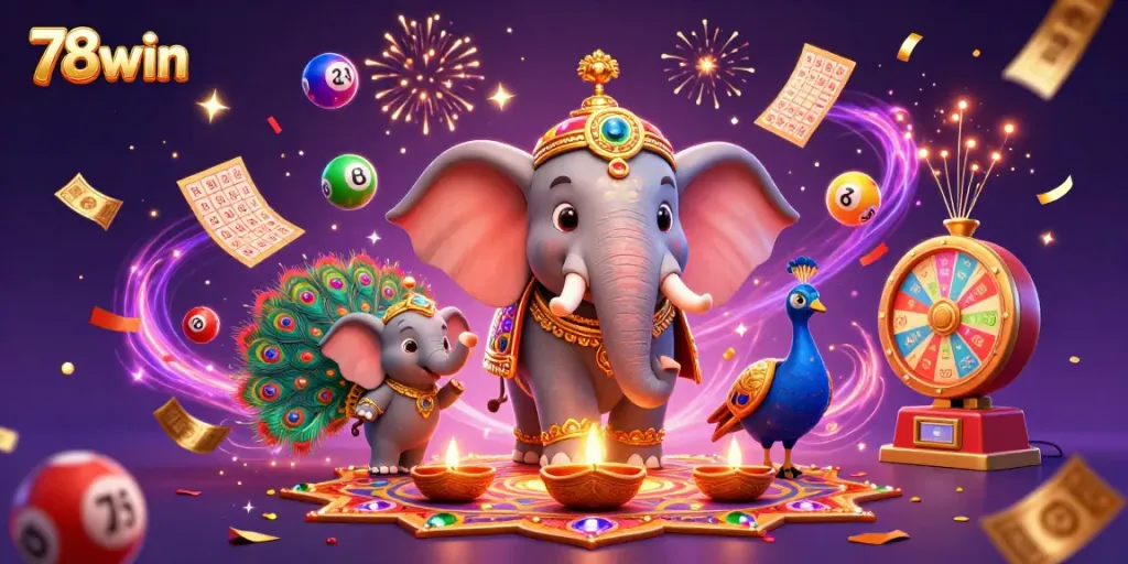 Win thrilling jackpots at 78win with vibrant slots and exciting lottery elements surrounding playful characters.