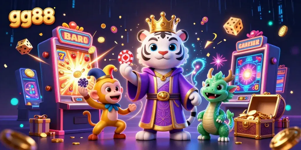 Engage in exciting slots at gg88 with a dynamic scene of vibrant characters and casino elements.