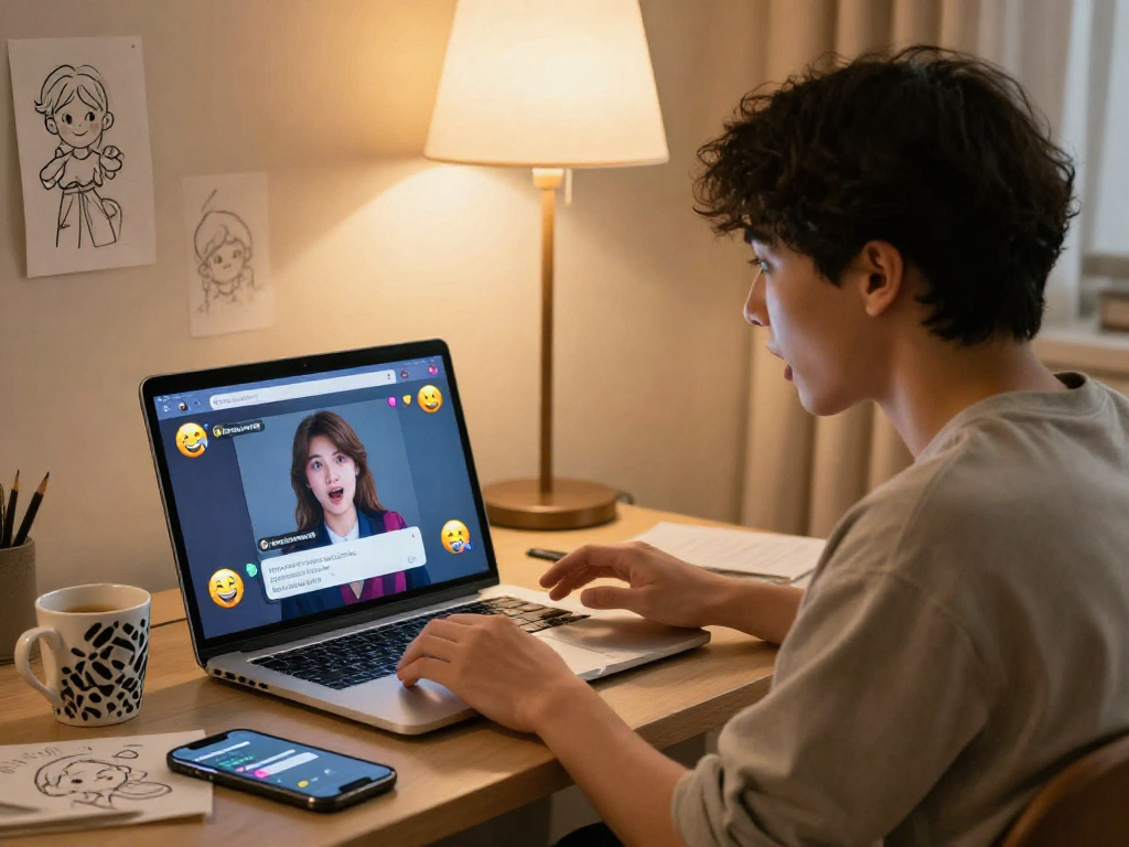User engaging with AI sex chat on laptop in cozy room, showcasing vibrant chat interface and relaxed atmosphere.