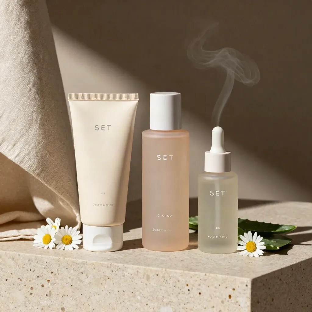 Trio skincare viso con camomilla e garza su travertino, luce drammatica