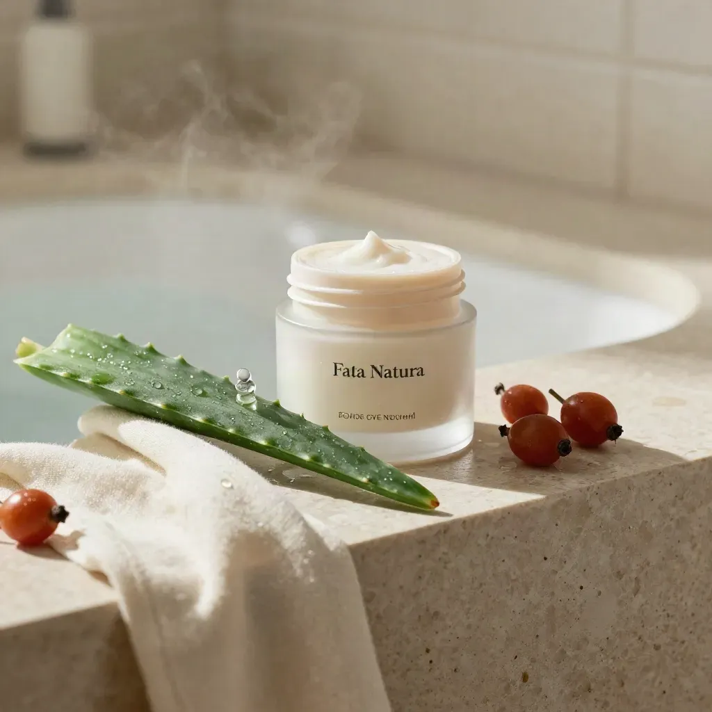 Barattolo crema viso alla rosa canina con scatola, aloe e bacche su travertino chiaro.