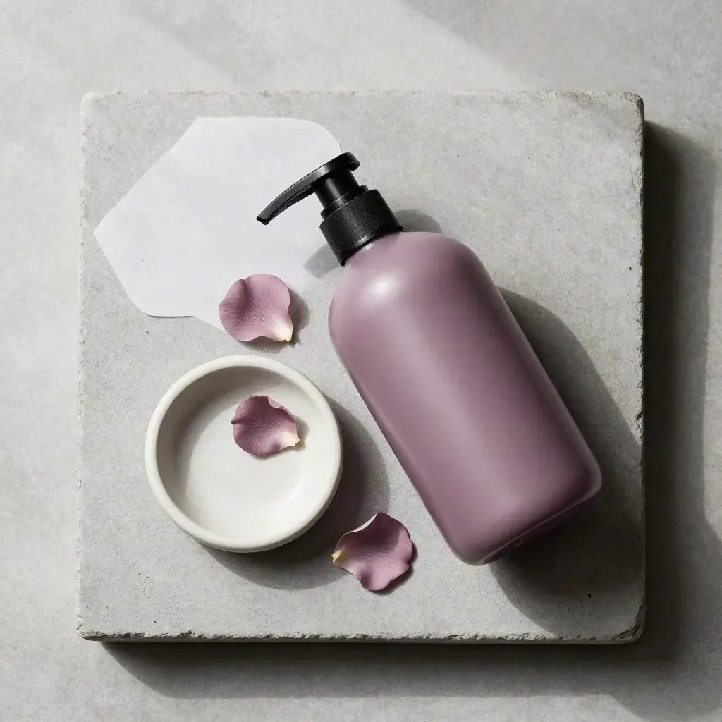 Bottiglia di sapone liquido malva, portasapone, petali lilla e scheggia di pietra su fondo chiaro.