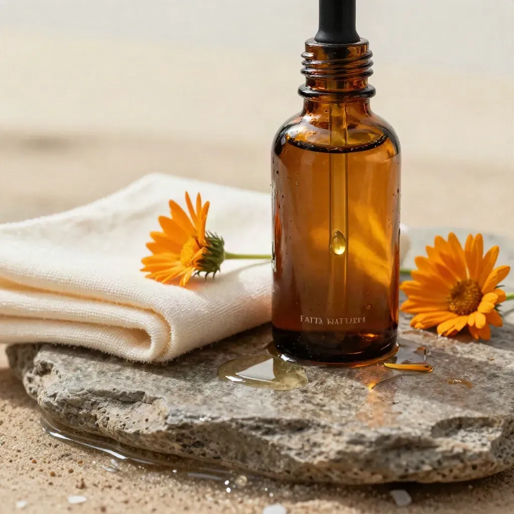 Bottiglia di olio corpo alla calendula su pietra bagnata con garza crema e fiori secchi, luce radente.