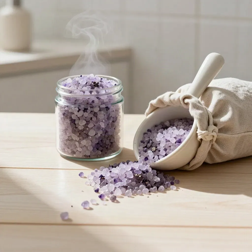 Barattolo di sali da bagno alla lavanda con cucchiaio e sacchetto di lino su legno chiaro.