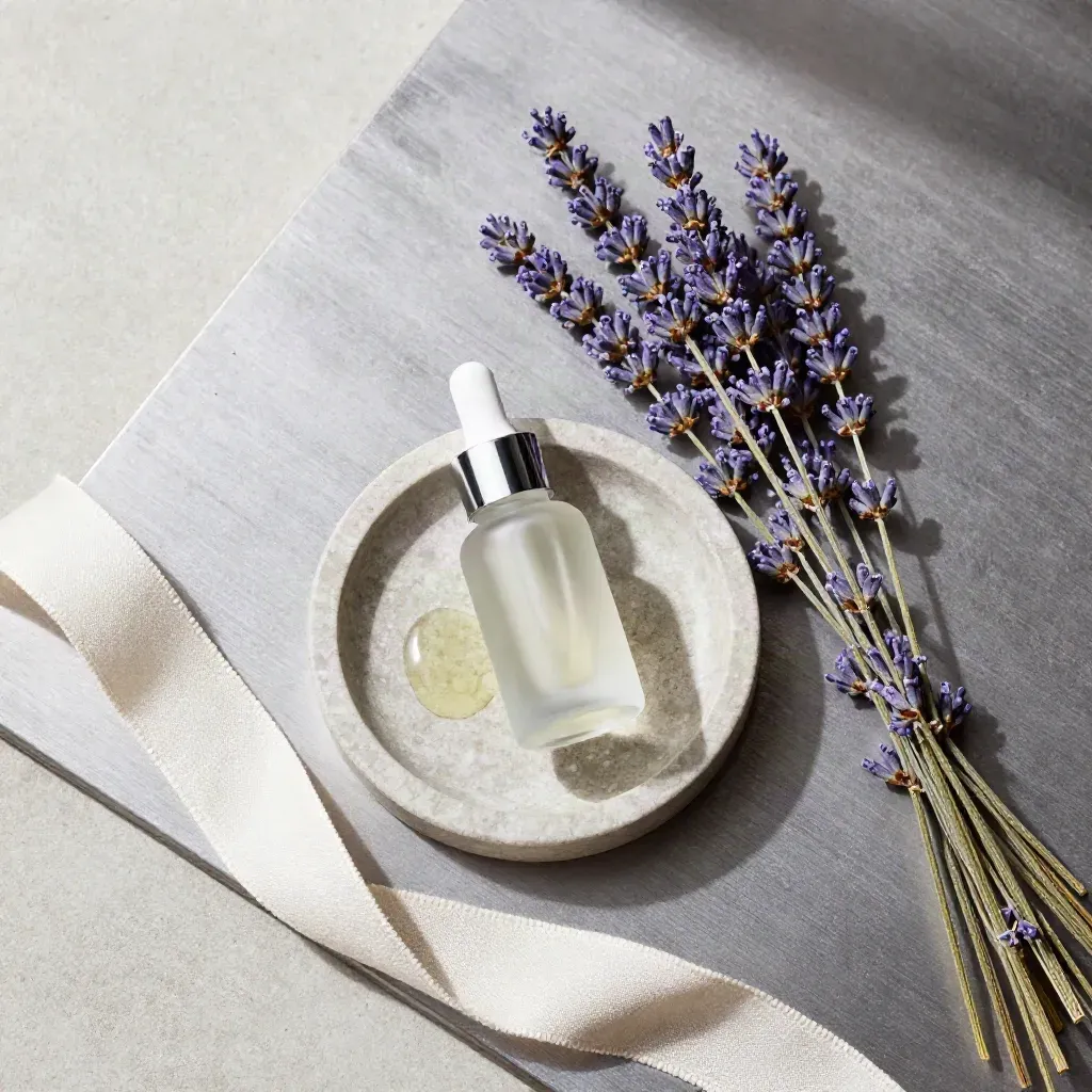 Flacone di olio essenziale alla lavanda con piattino in pietra, steli di lavanda e nastro di lino.