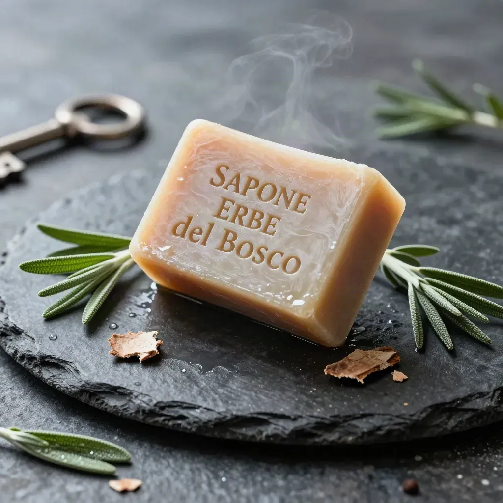 Sapone artigianale con erbe, cortecce e vassoio scuro su ardesia umida.