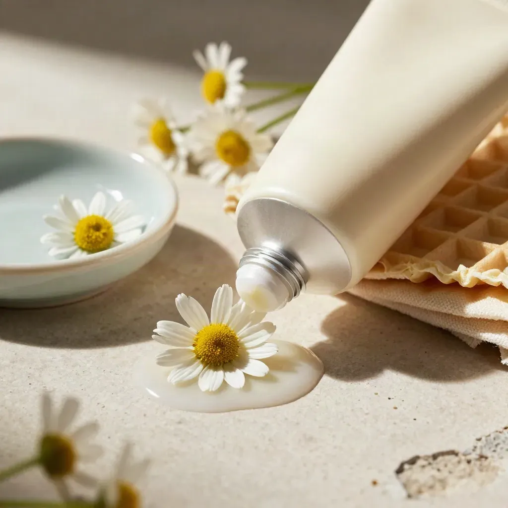 Tubo crema mani alla camomilla con petali, ciotola in ceramica e panno waffle su pietra calcarea.