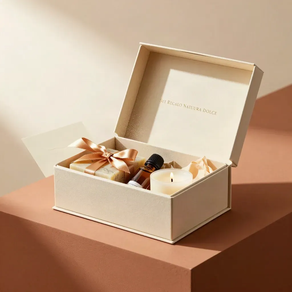 Set regalo naturale aperto con sapone, olio e candela in un vassoio crema, luce dorata