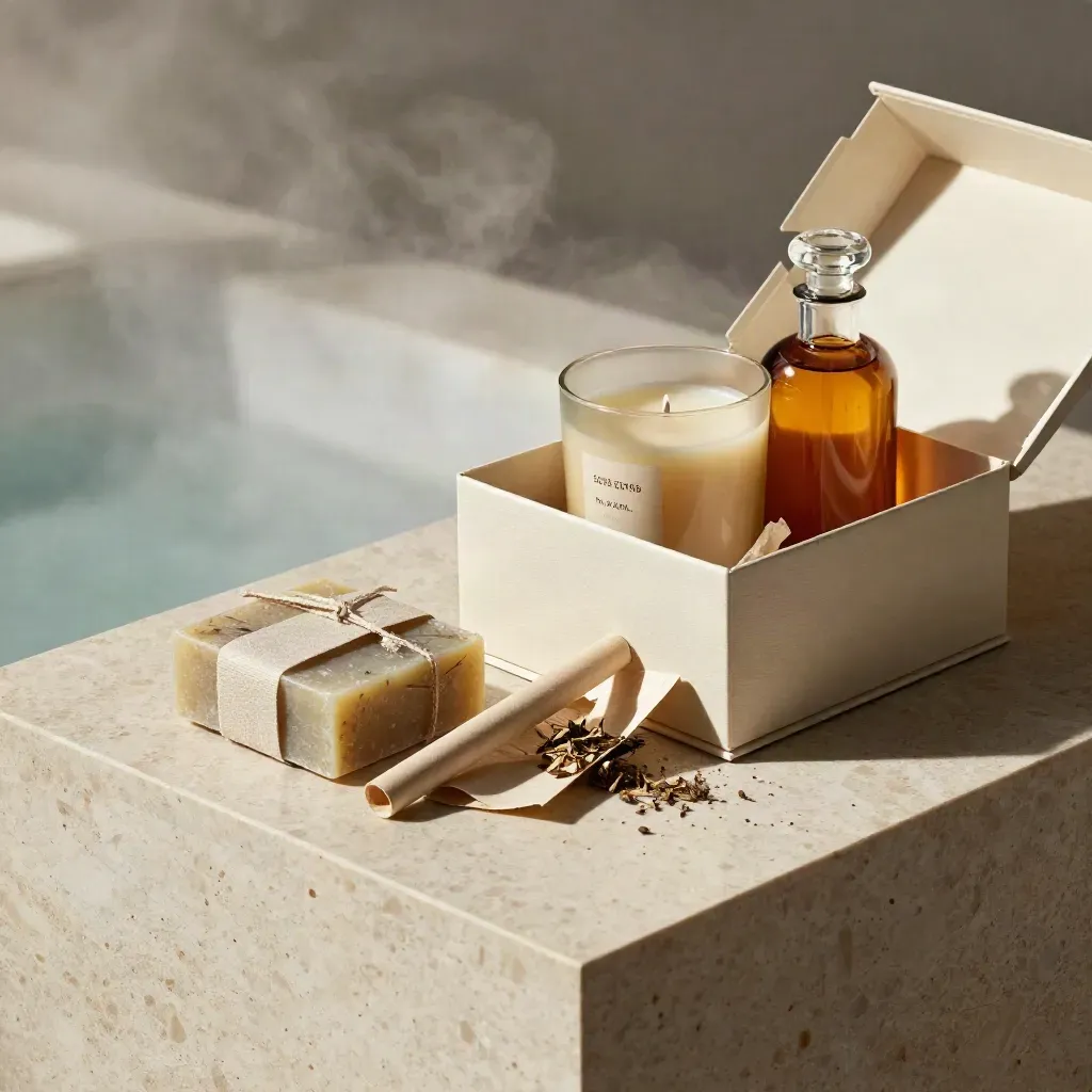 Set regalo aperto con sapone, candela e olio corpo su plinto di pietra, luce drammatica.
