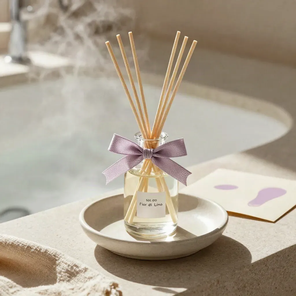 Diffusore in vetro con bastoncini su pietra spazzolata, atmosfera soffusa e accento lavanda.