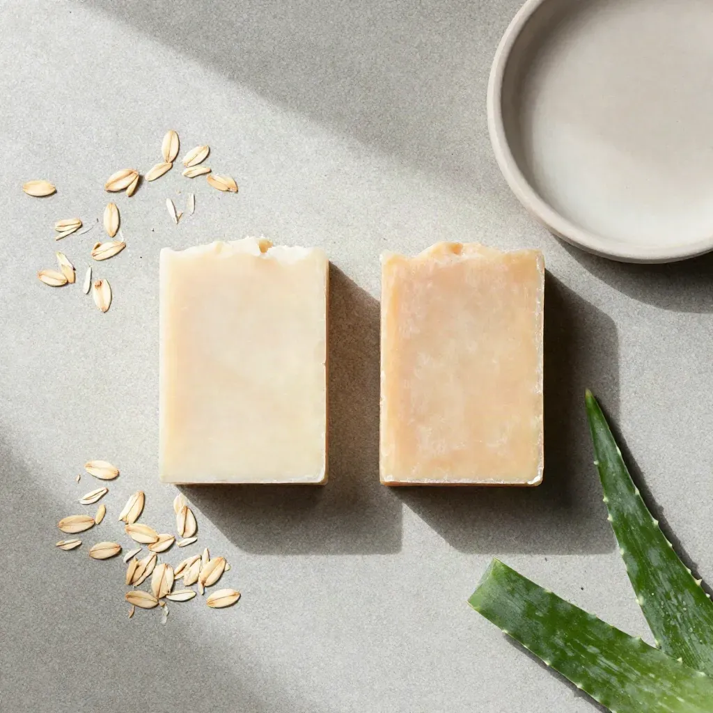 Due saponi aloe e avena con fiocchi d’avena, foglie di aloe e piatto d’argilla.