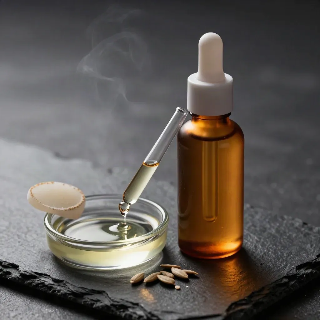 Flacone contagocce di olio viso jojoba con goccia ambrata, semi e pietra crema su fondo scuro.