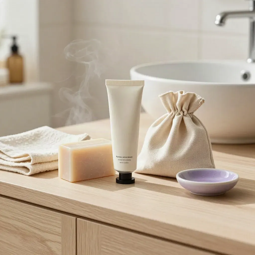 Set mani delicato con crema, saponetta e sacchetto di lino su legno chiaro in luce morbida