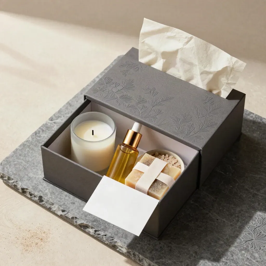 Flatlay dall’alto di gift box botanica con candela, olio, sali, sapone e cartoncino su pietra grafite