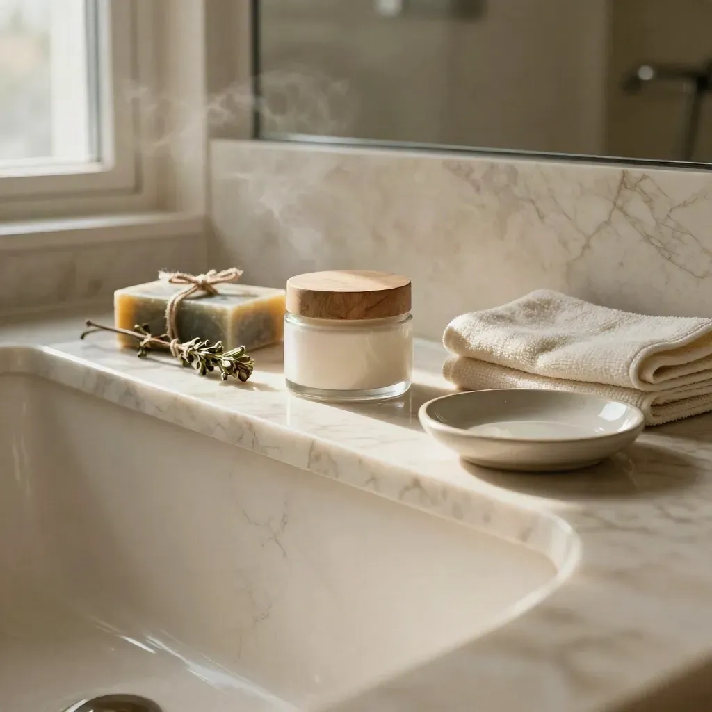 Nicchia da bagno in marmo crema con crema viso, sapone e asciugamani, luce mattutina morbida.