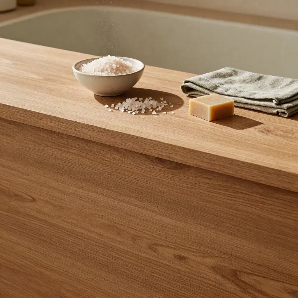 Bowl di ceramica con sali da bagno su rovere, lino morbido e luce diagonale.