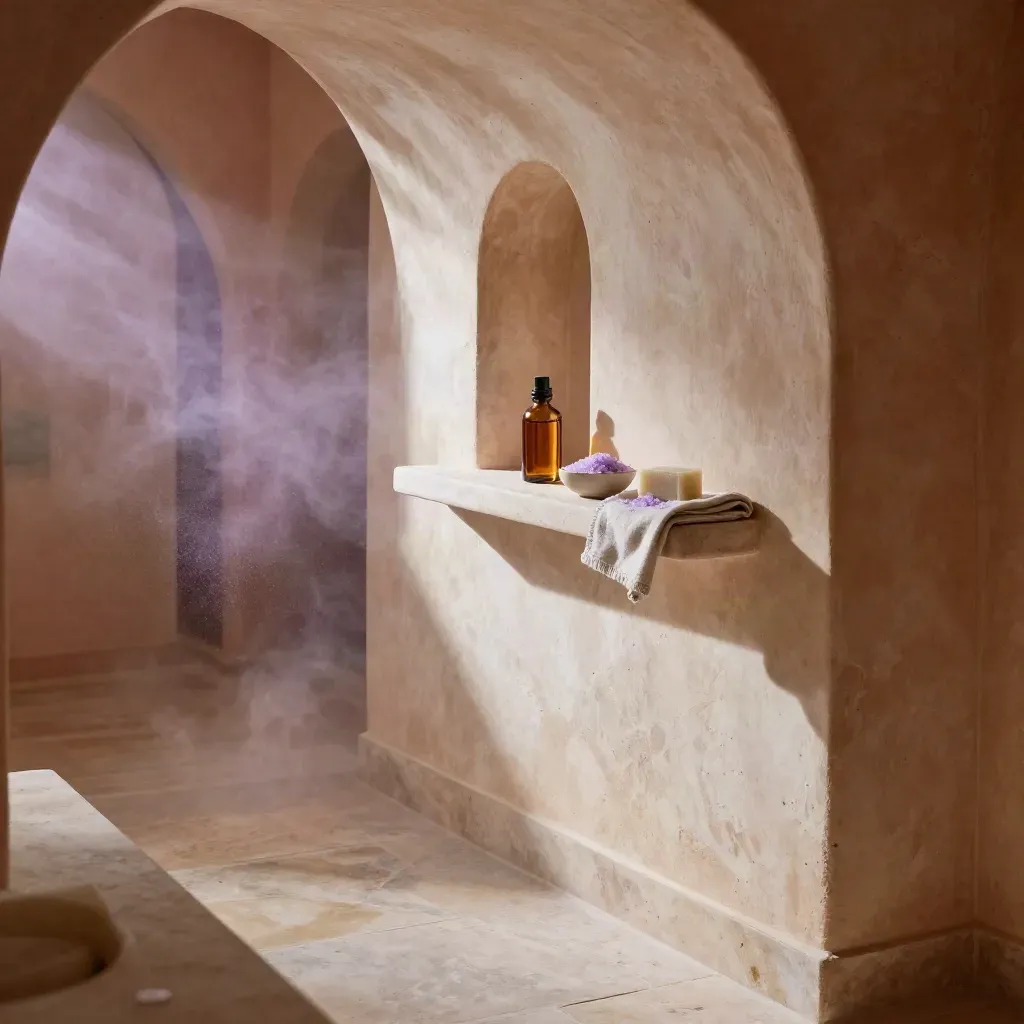 Corridoio spa ad arco in pietra con luce diagonale, ripiano alto e oggetti benessere.