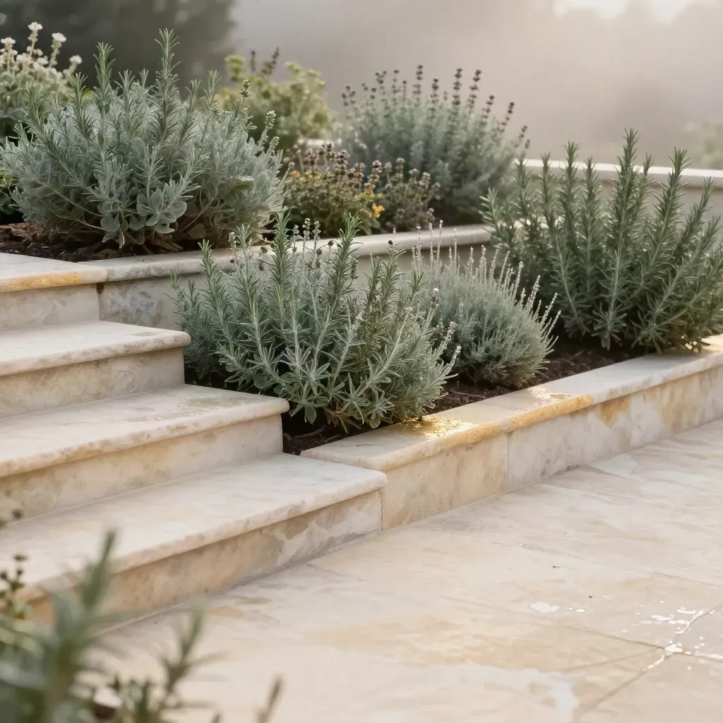 Terrazza di erbe aromatiche bagnata dalla pioggia, con rosmarino, timo e gradini di pietra chiara.