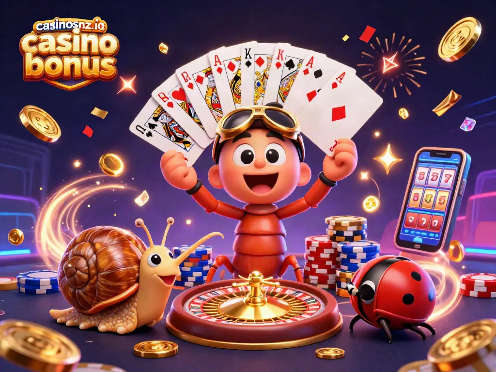 Join the excitement at casinosnz.io casino bonus with vibrant 3D characters, cards, and casino elements.