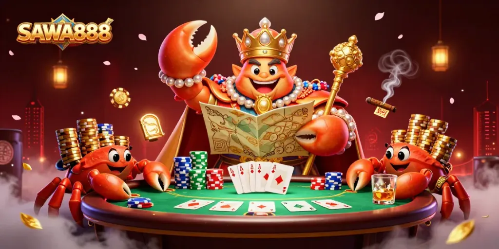 Engage with SAWA888's vibrant casino experience through a dynamic poker scene led by a golden crab emperor.