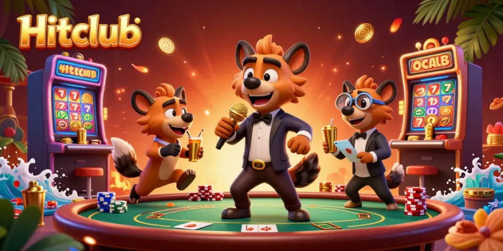 Experience Hitclub's vibrant casino scene with hyenas hosting a comedy night surrounded by slots and poker tables.