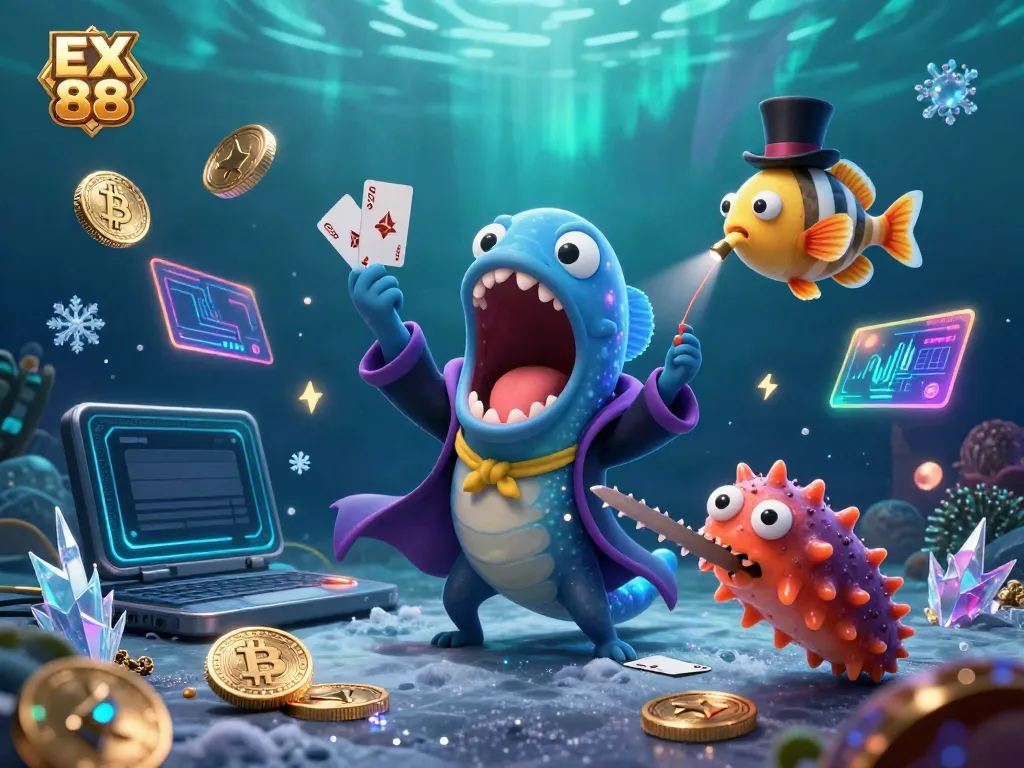 Experience the magic of EX 88 with a vibrant underwater casino scene featuring unique sea creatures and glowing crypto elements.
