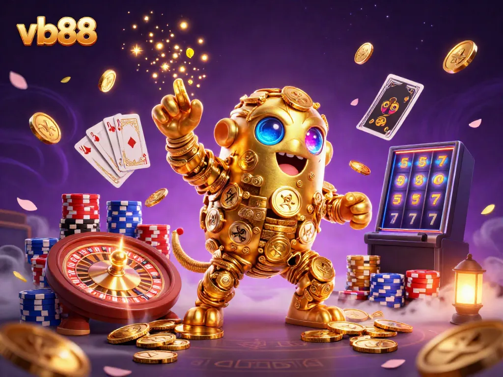 Experience thrilling wins at vb88 with a dynamic scene showcasing golden golem, casino elements, and shimmering treasures.