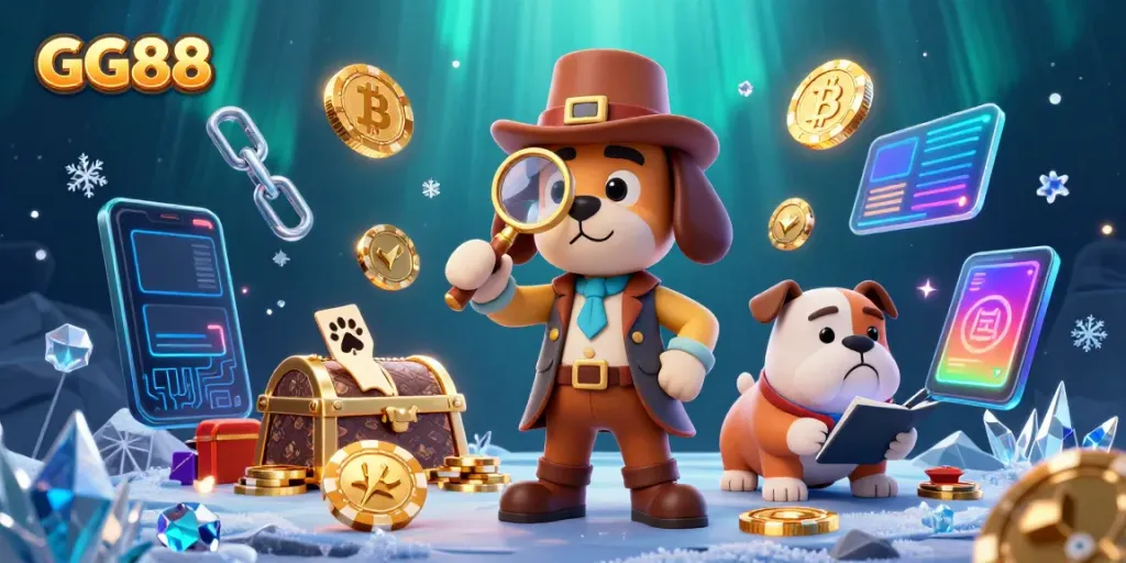 GG88 offers a thrilling experience with cartoon detectives uncovering poker chip clues in a vibrant casino.