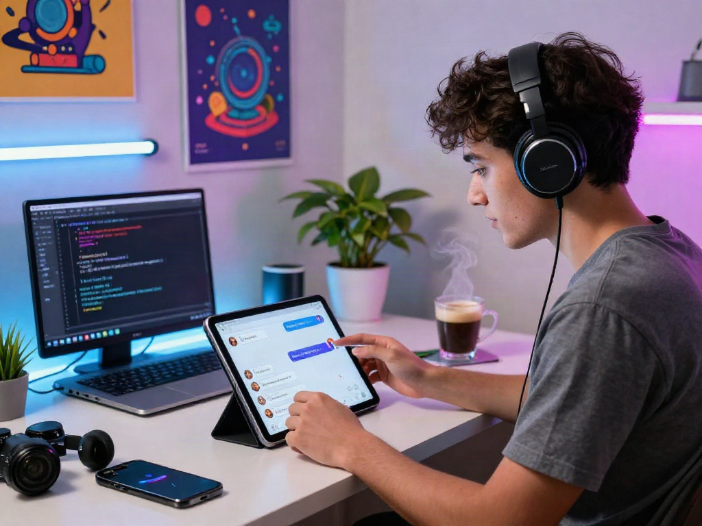 Engaging young adult immersed in an ai nsfw chat on tablet in a vibrant tech workspace.
