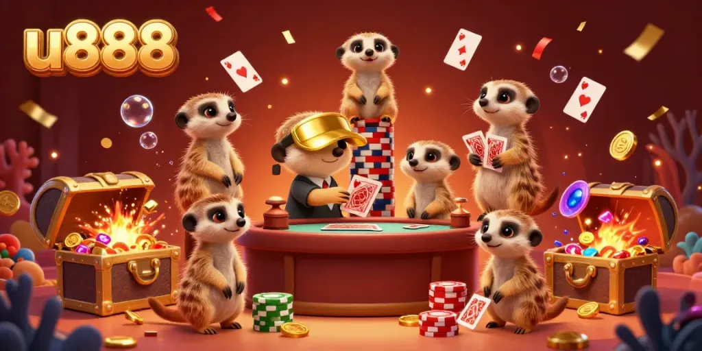 Experience exhilarating wins at u888 with a lively meerkat casino scene showcasing card dealers, treasures, and festive decor.