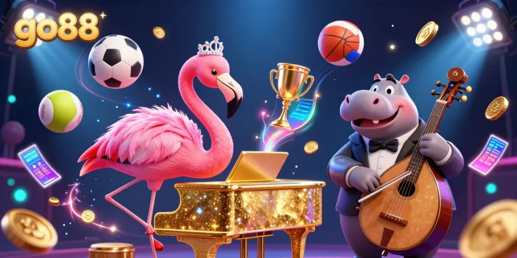 Experience the excitement of go88 with a vibrant casino scene featuring a flamingo singer and hippo bassist surrounded by dynamic sports elements.