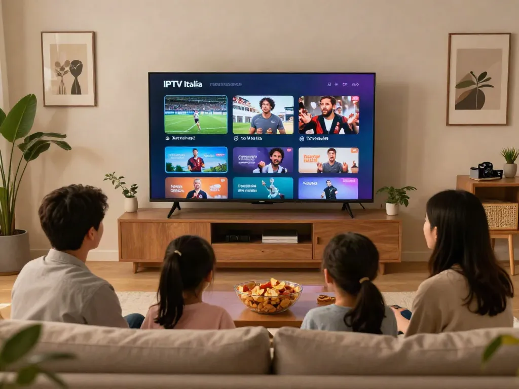 Family enjoying IPTV Italia service on large TV in cozy living room
