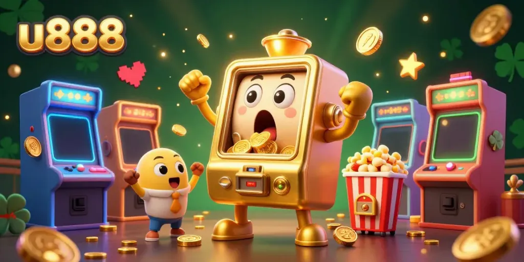 Experience the excitement of u888 as the golden slot machine hits a jackpot, surrounded by cheering baby slots and arcade games.