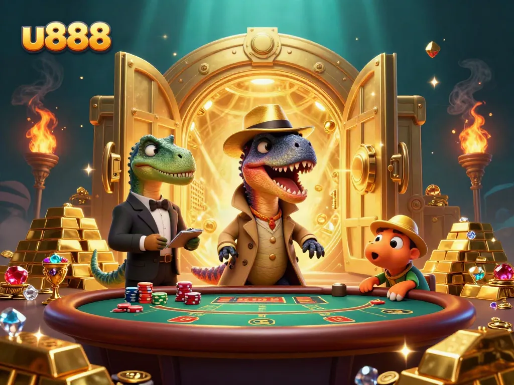 Experience thrilling gameplay at u888 with a cartoon velociraptor card counter, showcasing prosperity and excitement.