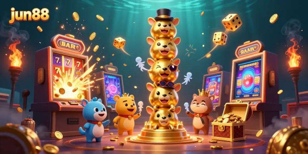 Experience captivating gameplay with jun88's dynamic casino scene featuring a golden totem and slot machine.